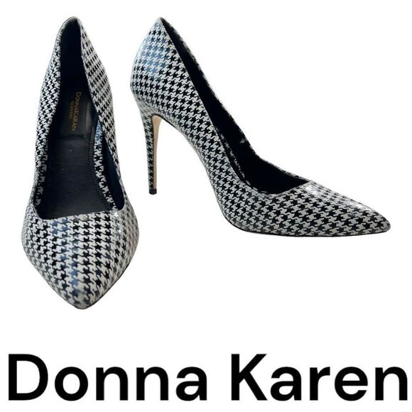 Donna Karen Women's Houndstooth Pointed Toe Stiletto Pump Heels Black White Sz 9 - Picture 1 of 11